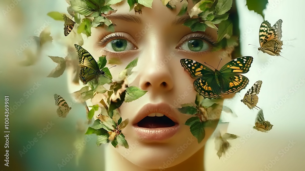 A surreal artistic portrait of a woman blending with nature, surrounded by leaves and butterflies, symbolizing harmony between humans and the natural world. A surreal artistic portrait of a woman blending with nature, surrounded by leaves and butterflies, symbolizing harmony between humans and the natural world.