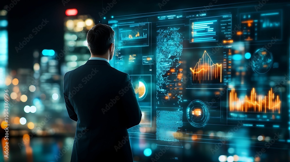 A businessman in a suit examines data visualizations on a large digital screen in a modern city, representing technology and analytics. A businessman in a suit examines data visualizations on a large digital screen in a modern city, representing technology and analytics.