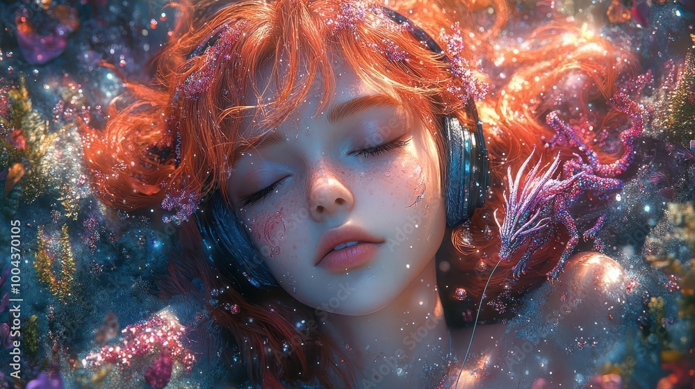 vibrant redhaired anime girl with headphones amidst a fantastical colorful forest blended with a 3d beaded dragon perched on a rock magical atmosphere bright hues and whimsical elements vibrant redhaired anime girl with headphones amidst a fantastical colorful forest blended with a 3d beaded dragon perched on a rock magical atmosphere bright hues and whimsical elements