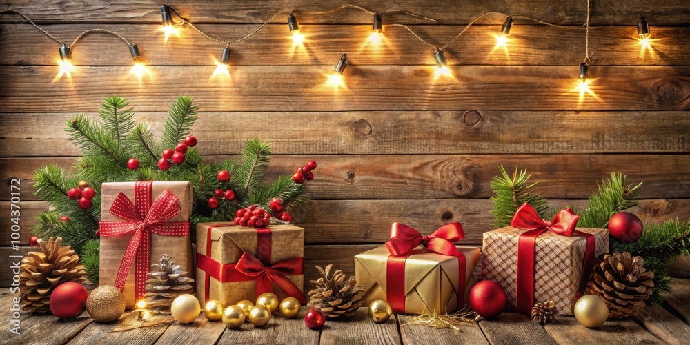 Naklejka premium Festive Christmas background with gifts and decorations in front of wooden backdrop