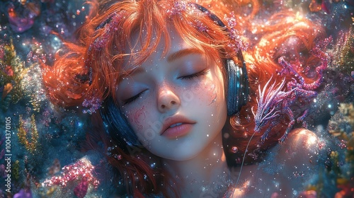 vibrant redhaired anime girl with headphones amidst a fantastical colorful forest blended with a 3d beaded dragon perched on a rock magical atmosphere bright hues and whimsical elements