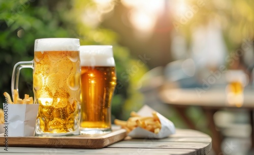 Sunny Outdoor Gathering With Beer and Fries at a Rustic Table