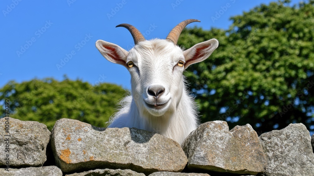 A tan mountain goat relaxes atop large stones under the sun, having worked hard gathering materials. The landscape features trees and a bright sky with soft clouds A tan mountain goat relaxes atop large stones under the sun, having worked hard gathering materials. The landscape features trees and a bright sky with soft clouds