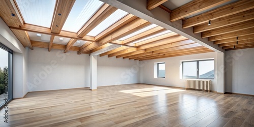 Minimalist room with exposed timber ceiling and skylights, serene empty space
