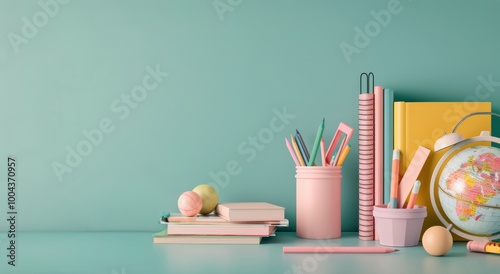 Colorful Office Supplies Next to a Globe on a Desk With a Green Background