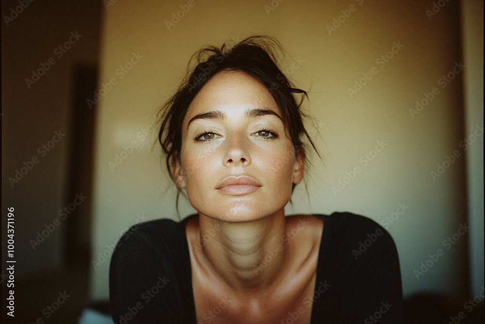 A woman with tied back hair and captivating eyes stares directly at the camera, creating a profound connection with the viewer, symbolizing introspection. A woman with tied back hair and captivating eyes stares directly at the camera, creating a profound connection with the viewer, symbolizing introspection.