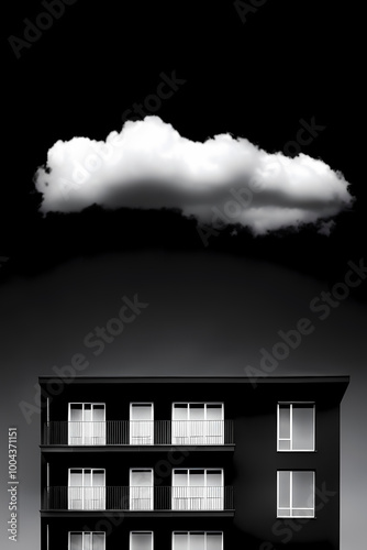A striking black-and-white minimalist composition featuring a cloud suspended over a modern apartment building, creating a dramatic contrast in the dark setting.