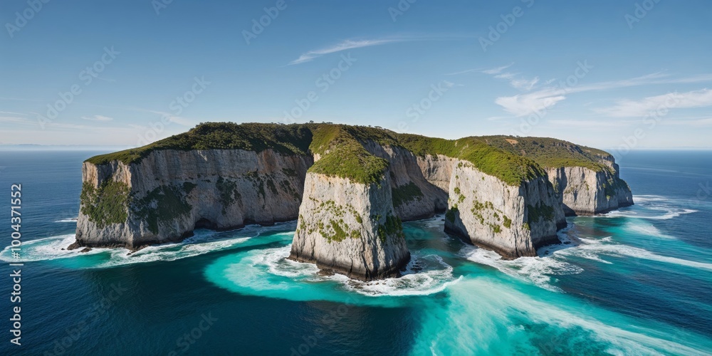 Fototapeta premium Breathtaking aerial view of grand coastal cliffs towering over mesmerizing turquoise waters.