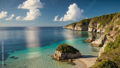 Serene Coastal Cliffs Overlooking Calm Waters Under Blue Skies in Midday Light.