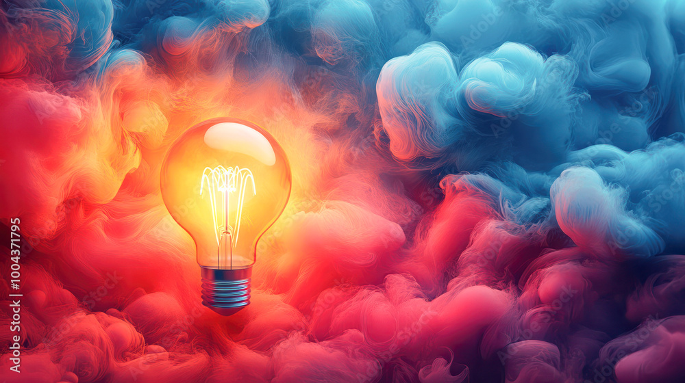 A light bulb is lit up in a cloud of smoke. The light bulb is yellow ...