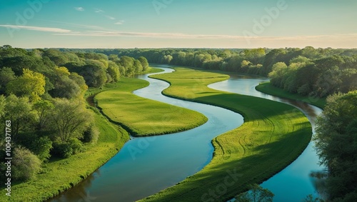 Aerial View of a Meandering River Through a Lush Green Landscape. photo