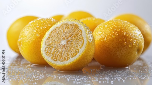 vibrant yellow lemons on a reflective surface glistening with water droplets overhead view showcasing the fruits texture and freshness against a crisp white background