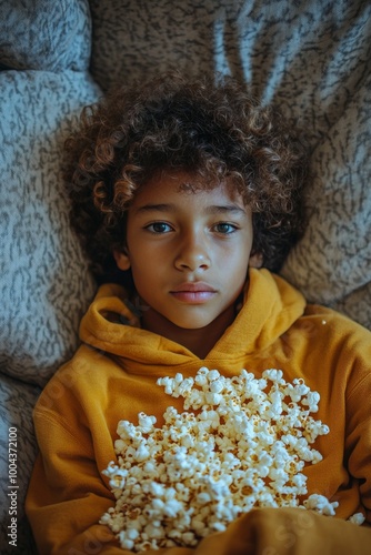Teen relaxing on couch with bowl of popcorn during cozy movie night at home