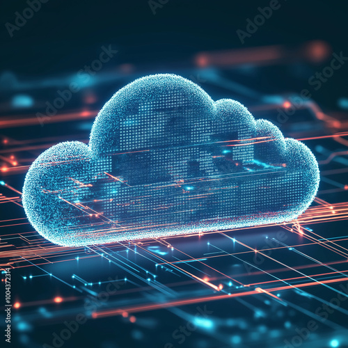 an image representing cloud computing solutions, featuring a digital cloud with data streaming in and out.