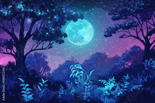 Nighttime Forest with Full Moon and Glowing Trees