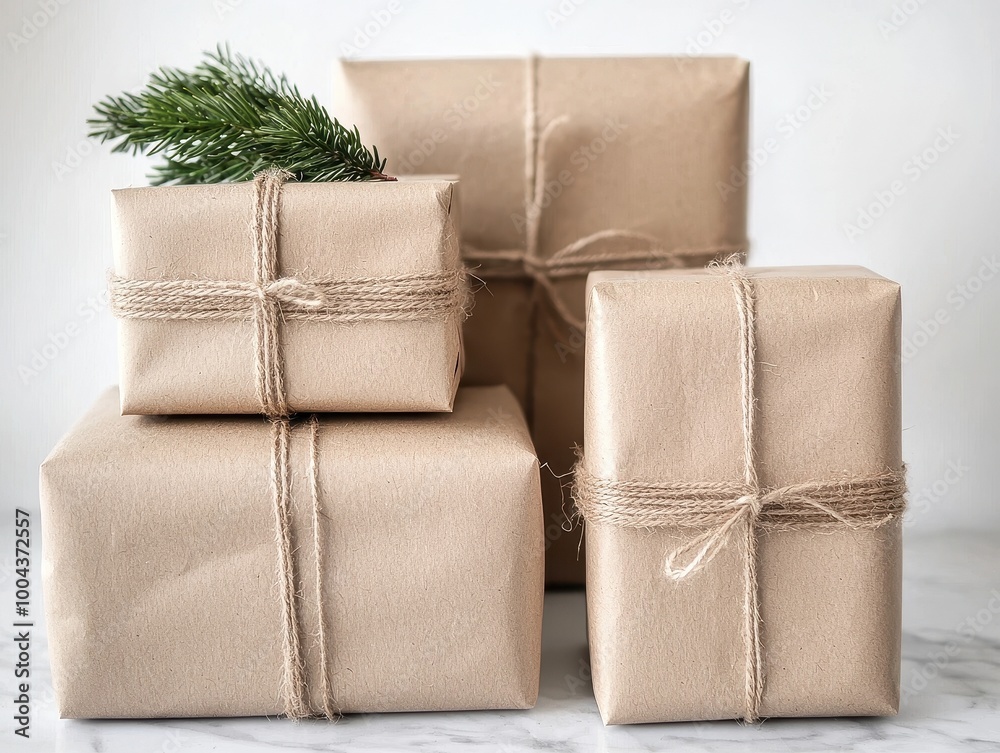 Gift-wrapped presents with twine and a pine sprig, elegant and rustic holiday decoration. Gift-wrapped presents with twine and a pine sprig, elegant and rustic holiday decoration.