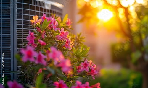 Outdoor Air Conditioning Unit Amidst Azalea Blooms, AI generated illustration