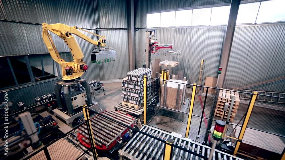 Automated robotic arm loads, packs products. Modern Industrial Equipment
