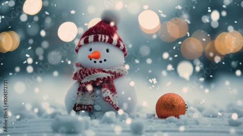 Cheerful Snowman With Red Scarf and Hat on Snowy Winter Day