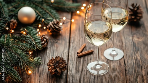 Two glasses of white wine decorated with holiday elements on a rustic wooden table.