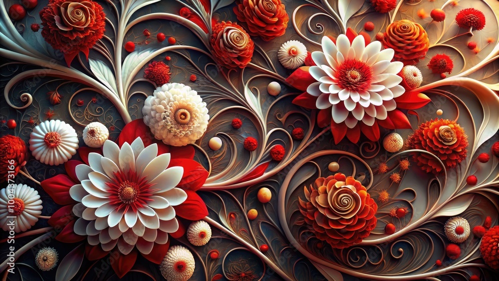 Vibrant Red and White Flowers Blooming Amongst Intricate Swirls in Generative AI Artistry Display Vibrant Red and White Flowers Blooming Amongst Intricate Swirls in Generative AI Artistry Display