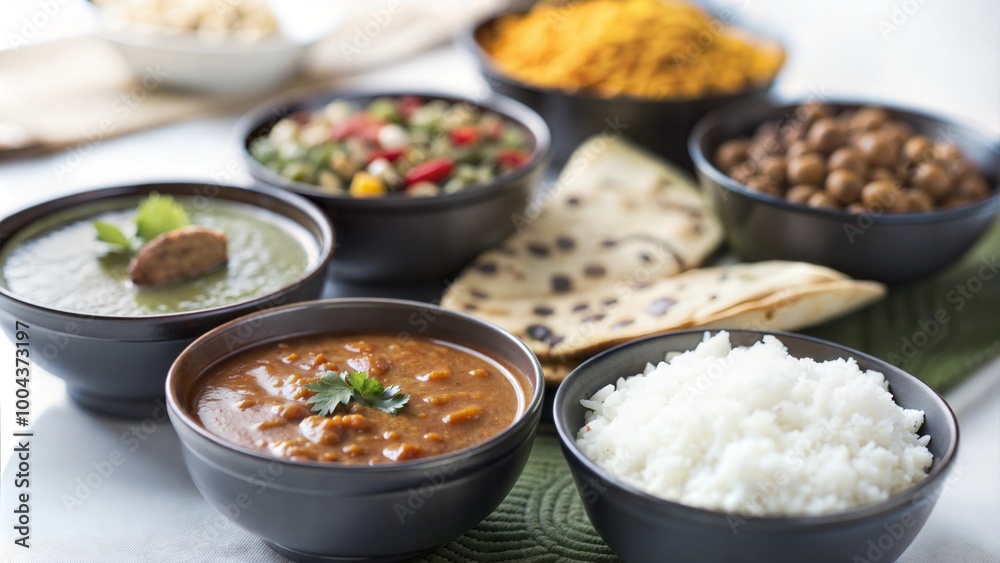 Assorted Indian Cuisine for Lunch or Dinner: Rice, Lentils, Paneer, Dal Makhani, Naan, Chutney, and Spices Against a Moody Background with Selective Focus
Assorted Indian Cuisine for Lunch or Dinner: Rice, Lentils, Paneer, Dal Makhani, Naan, Chutney, and Spices Against a Moody Background with Selective Focus