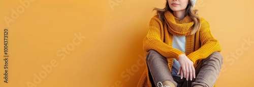 Woman in Yellow Sweater Sitting Against Yellow Wall
