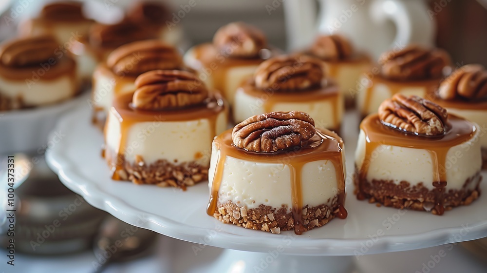© ifoto - A close-up of Pecan CIDDY cheesecake mini's, each decorated with caramel drizzle and sliced pecans, arranged on an elegant platter for serving at the party © ifoto - A close-up of Pecan CIDDY cheesecake mini's, each decorated with caramel drizzle and sliced pecans, arranged on an elegant platter for serving at the party