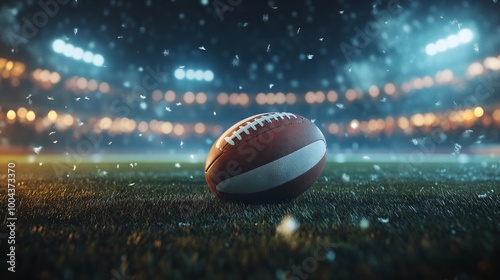 Rugby Ball on a Stadium Field with Blurred Motion, AI generated illustration