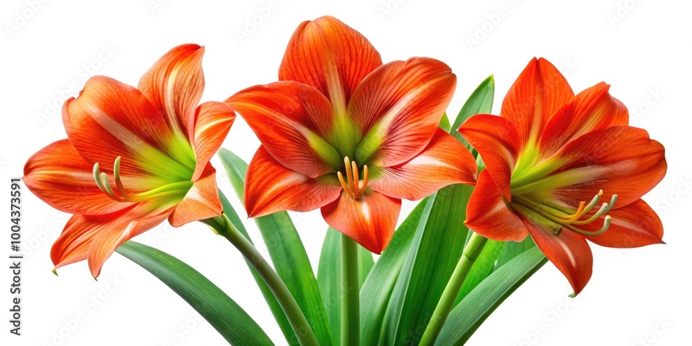 Fototapeta premium Vibrant Red Orange Amaryllis Flowers with Lush Green Leaves Isolated on a Clean White Background