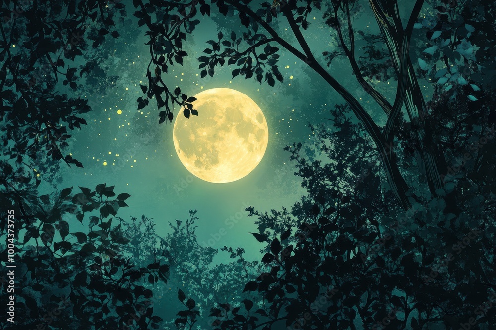 Fototapeta premium Full Moon Shining Through Silhouetted Trees