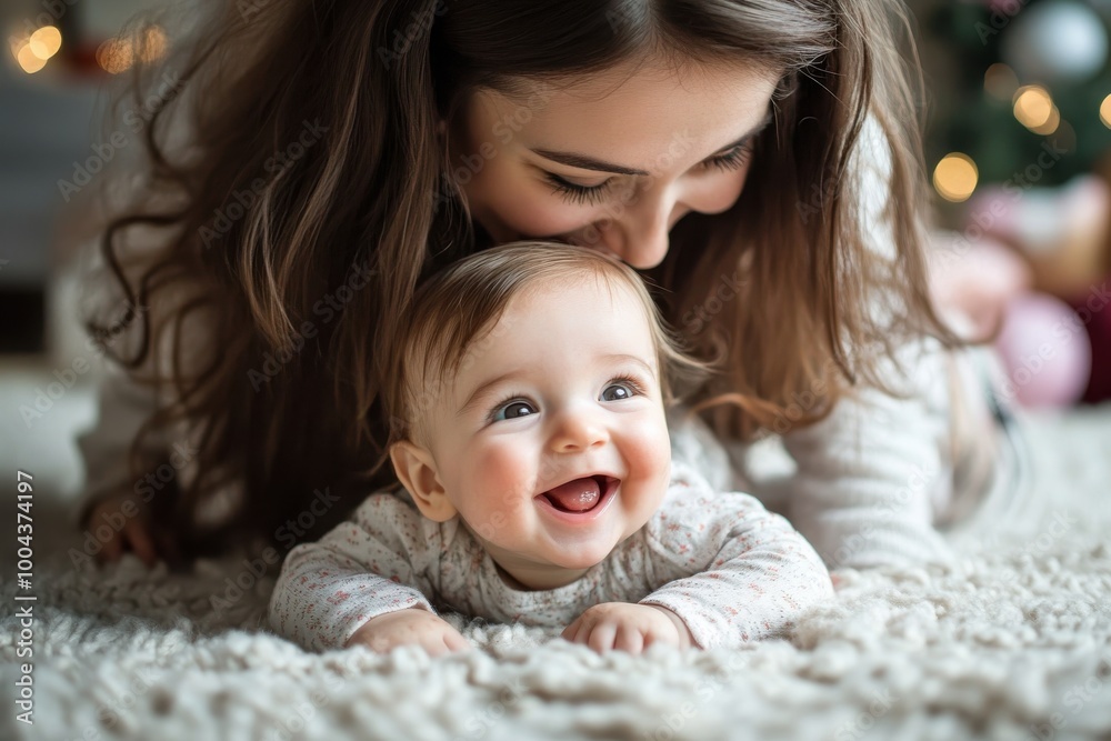 A woman is laying on the floor with a baby. The baby is smiling and the woman is kissing the baby's forehead. Scene is warm and loving A woman is laying on the floor with a baby. The baby is smiling and the woman is kissing the baby's forehead. Scene is warm and loving