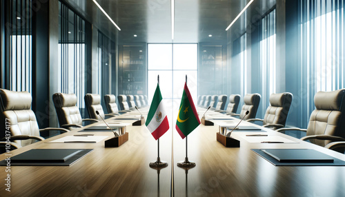 A modern conference room with Mexico and Mauritania flags on a long table, symbolizing a bilateral meeting or diplomatic discussions between the two nations. photo