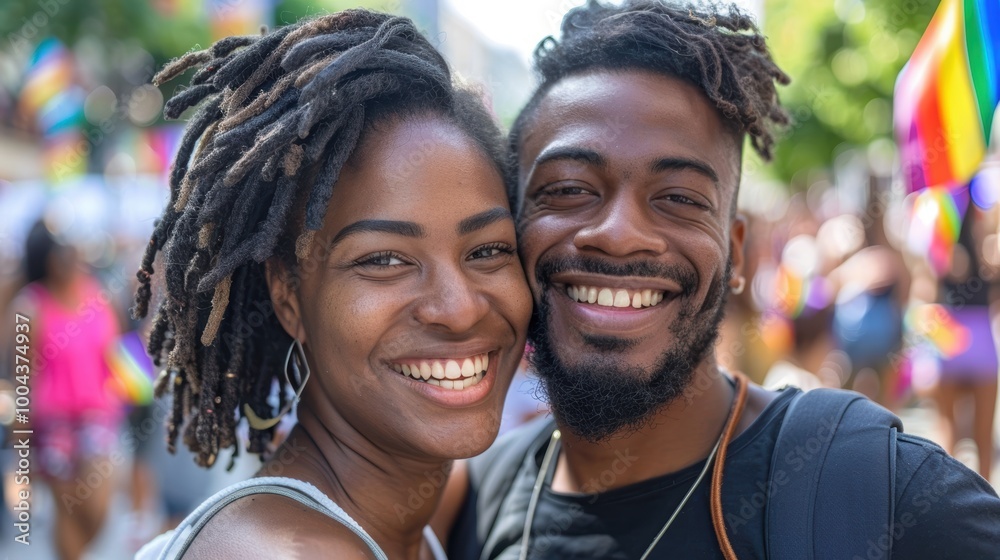 Joyful couple and friends celebrating LGBTQ pride with a rainbow flag. Proud individuals smiling in support of the lesbian, gay, bisexual, and transgender community