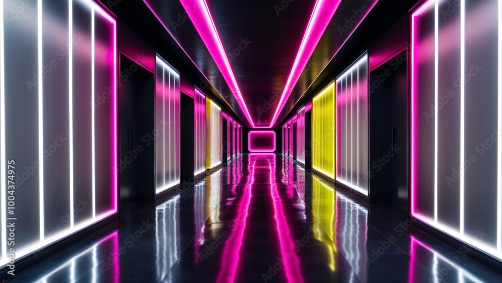 Futuristic Corridor with Neon Pink and Yellow Lights. Futuristic Corridor with Neon Pink and Yellow Lights.