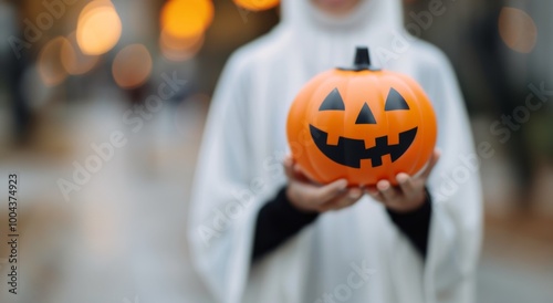 Child in a Ghost Costume Holding a Jack-O'-Lantern at Halloween Celebrations