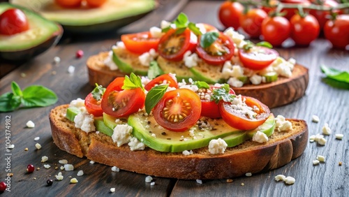 Fresh Avocado Toast topped with Juicy Tomatoes and Crumbled Feta Cheese for Breakfast