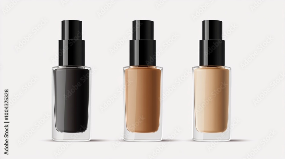 Elegant glass bottles of liquid foundation in various skin tones stand in a row, showcasing a range of shades from deep to light for diverse complexions. Elegant glass bottles of liquid foundation in various skin tones stand in a row, showcasing a range of shades from deep to light for diverse complexions.