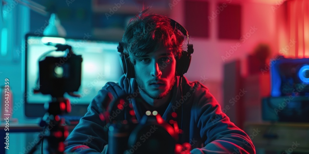 Online content creator engaged in live streaming and video recording for social media, offering tutorials and insights for subscribers from home Online content creator engaged in live streaming and video recording for social media, offering tutorials and insights for subscribers from home