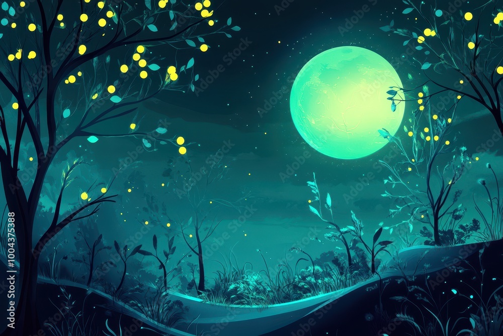 Nighttime Forest with Glowing Moon and Trees Nighttime Forest with Glowing Moon and Trees