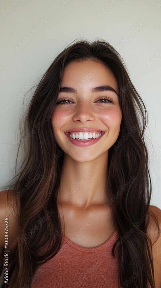 Radiant smile illuminates a portrait of youthful joy, with long dark hair framing a glowing face against a neutral background, exuding warmth and authenticity. Radiant smile illuminates a portrait of youthful joy, with long dark hair framing a glowing face against a neutral background, exuding warmth and authenticity.