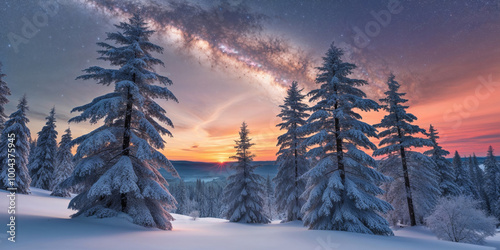 beautiful sunrise over snowy forest with an epic milky way on the sky. photo