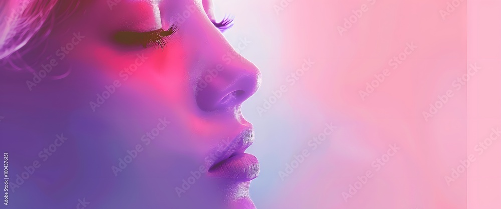 Closeup of Woman's Face with Pink and Purple Gradient Background Closeup of Woman's Face with Pink and Purple Gradient Background