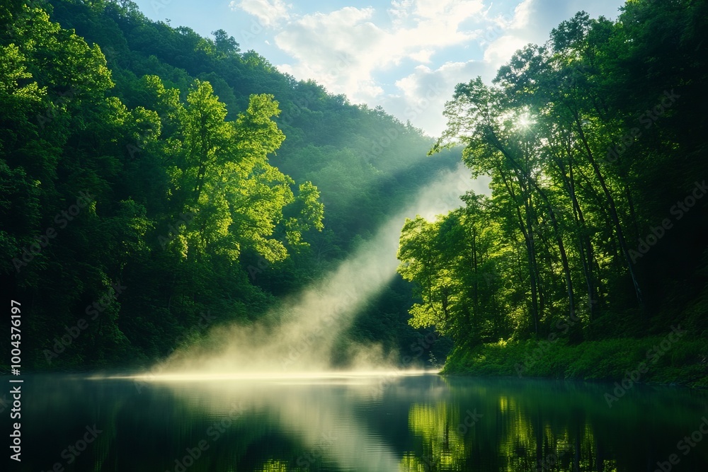 Serene river surrounded by lush greenery and mist, illuminated by soft sunlight filtering through the trees. Serene river surrounded by lush greenery and mist, illuminated by soft sunlight filtering through the trees.