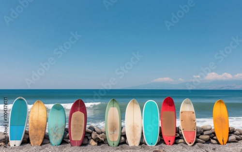 Colorful Surfboards Leaned Against Each Other on a Rocky Beach During Sunny Day