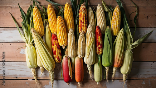 Colorful Variety of Fresh Corn on Rustic Wooden Background - Organic Farm Produce.