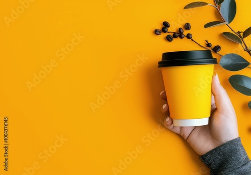 Hand Holding Gray Coffee Cup Against Vibrant Yellow Background in Natural Light