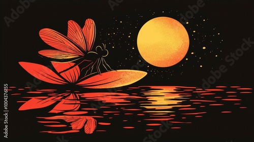 Dragonfly on a Lotus Leaf Under a Full Moon