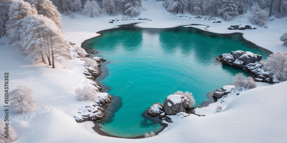 Aerial View of a Snowy Cove With Turquoise Water in Winter. Aerial View of a Snowy Cove With Turquoise Water in Winter.