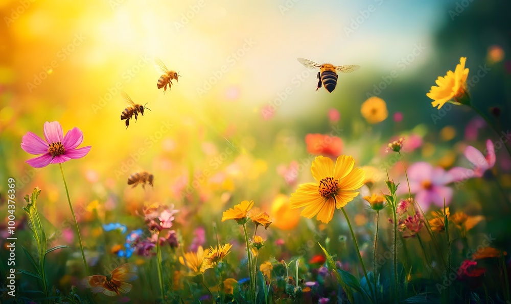 Vibrant Spring Meadow with Wild Flowers and Bees, AI generated illustration Vibrant Spring Meadow with Wild Flowers and Bees, AI generated illustration